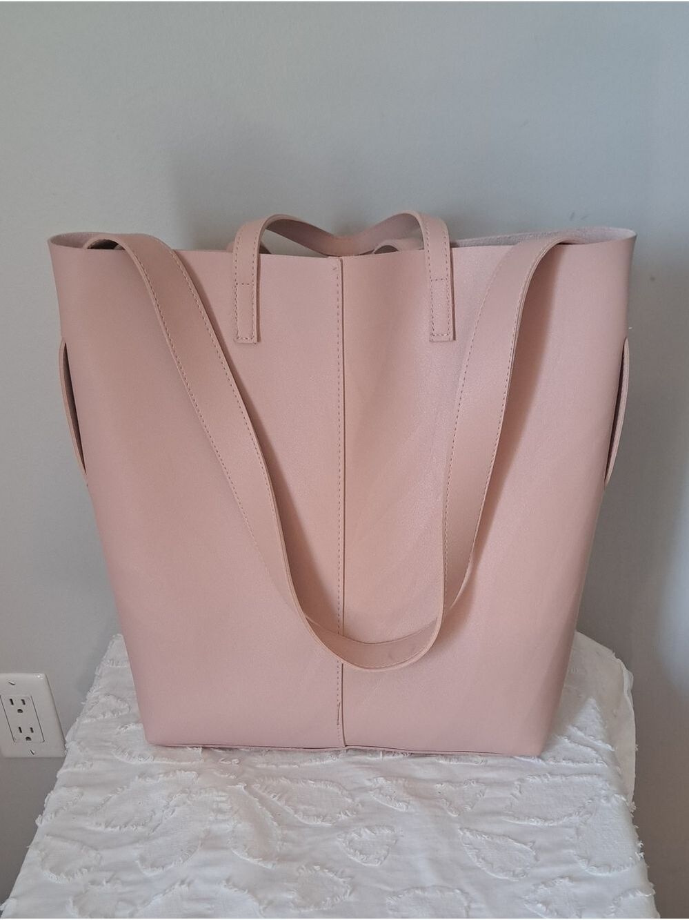 Blush pink faux Leather bag open tote double handles shoulder bag beach travel